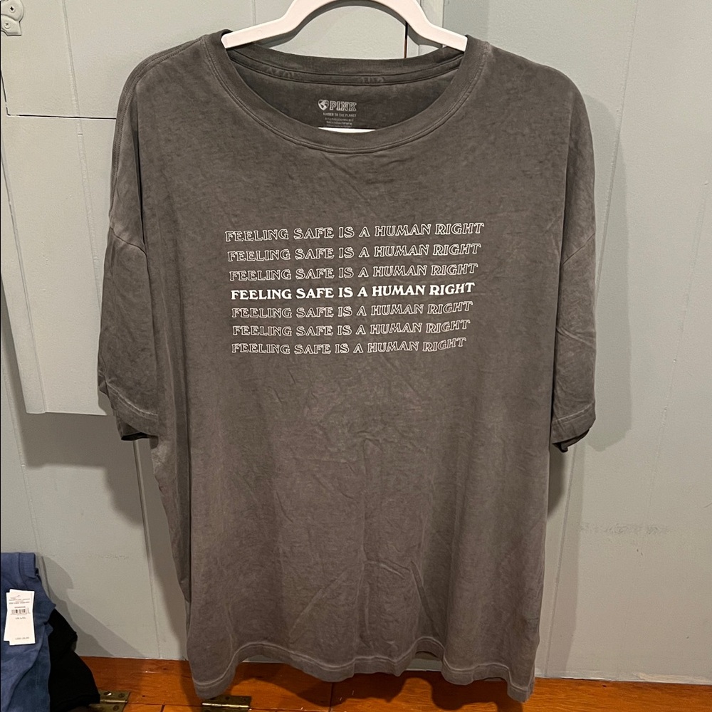 Womens VS Pink Grey Graphic Tee - "Feeling Safe Is A Human Right" one size